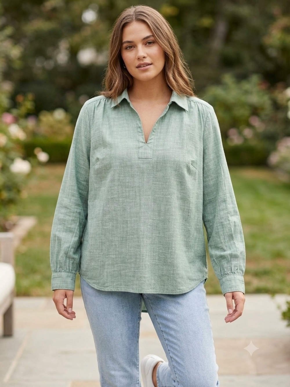 Falls Creek Sage Green Cotton-Linen Split Neck Tunic